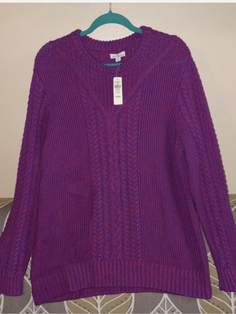 New L.L. Bean Women's XL Signature Fisherman Sweater 100% Cotton Purple/Red NWT